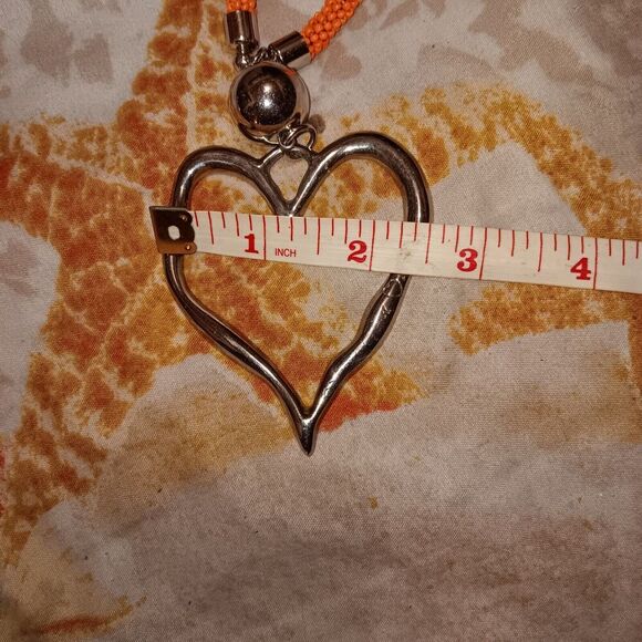Suzie Blue Long Orange Beaded Necklace With Large Metal Heart (2.5"x3") - Picture 8 of 11